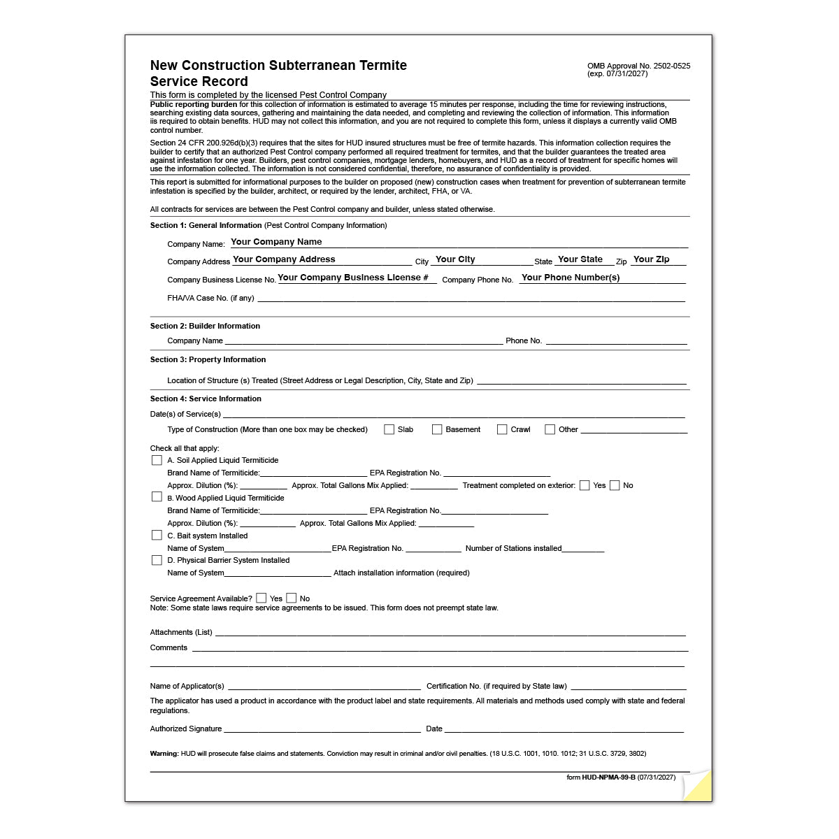 Rev July 2024 HUD NPMA 99B New Construction Termite Soil Treatment Pri